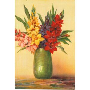 Vintage Calendar Lithograph Vase Full of Flowers Artist Streckenbach 6 x 7.75